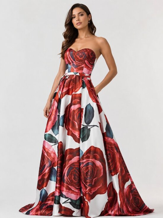 Loviera Dresses & Skirts - Loviera Sweetheart Satin Rose-Print Ball Gown Dress - Red & White 4